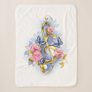 Treble clef with Pink Roses Sherpa Blanket