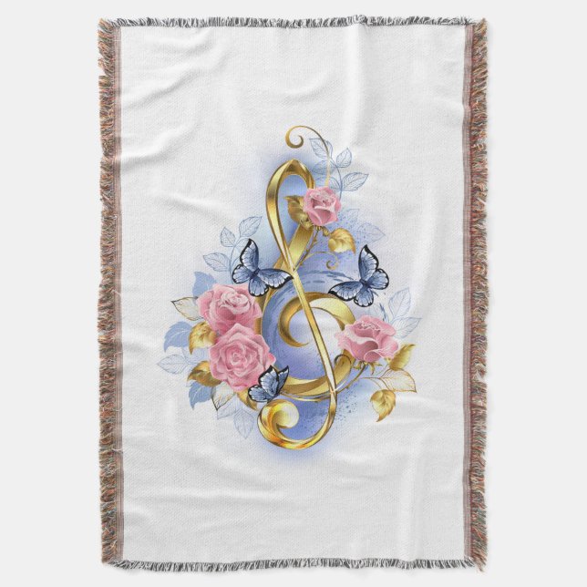 Treble clef with Pink Roses Throw Blanket (Front Vertical)