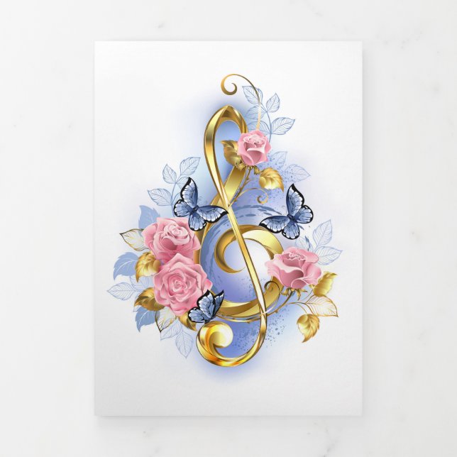 Treble clef with Pink Roses Tri-Fold Card (Cover)