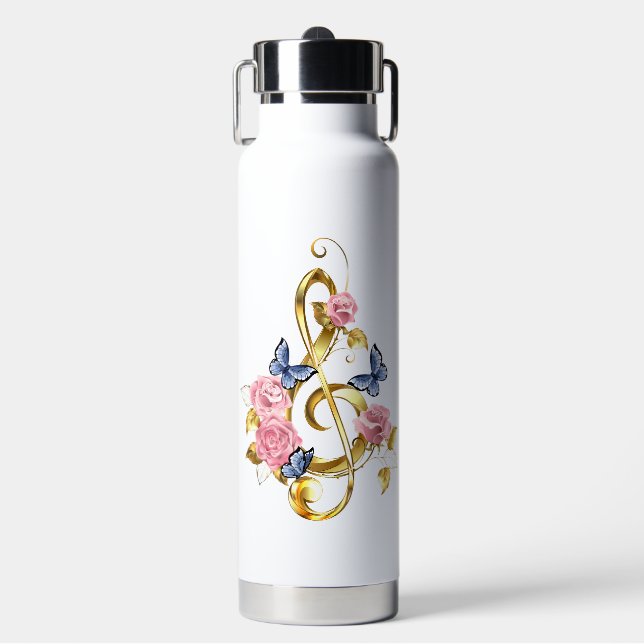 Treble clef with Pink Roses Water Bottle (Front)