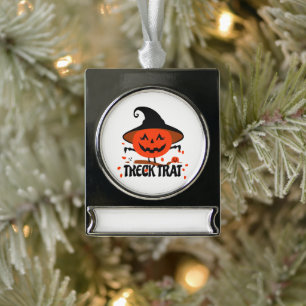 Treck Trat Pumpkin Smiling Silver Plated Banner Ornament