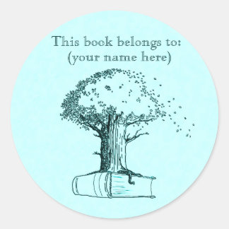 Tree and a book, light blue classic round sticker
