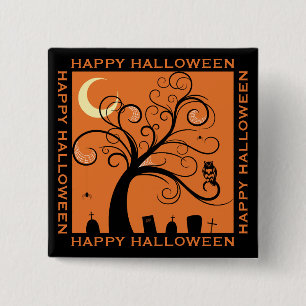Tree and Graveyard Orange Art Happy Halloween 15 Cm Square Badge