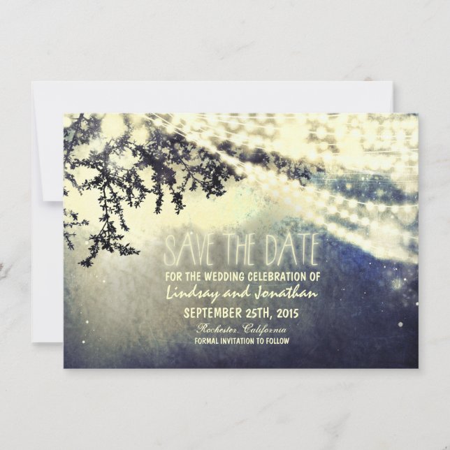 tree and lights rustic save the date cards (Front)