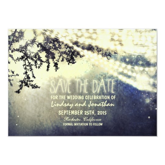 tree and lights rustic save the date cards