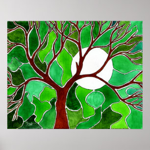 Tree and Moon Art on Canvas - Green Poster