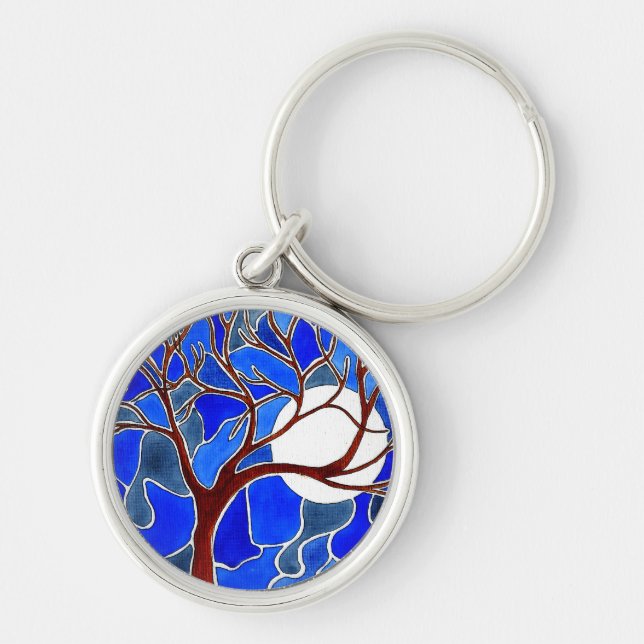 Tree and Moon on Canvas - Blue Key Ring (Front)