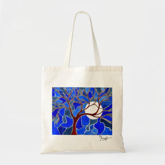 Tree and Moon on Canvas - Blue Tote Bag (Front)