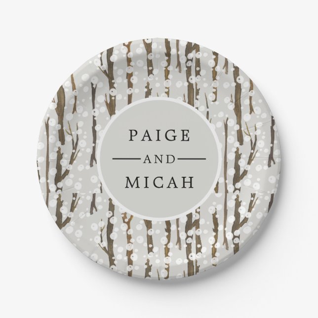 Tree and Snow Winter Engagement Party Paper Plate (Front)
