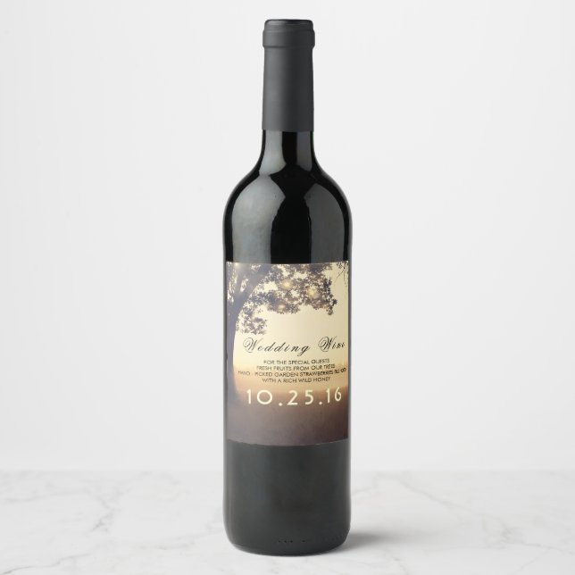 Tree and String Lights Rustic Dreamy Wedding Wine Label (Front)