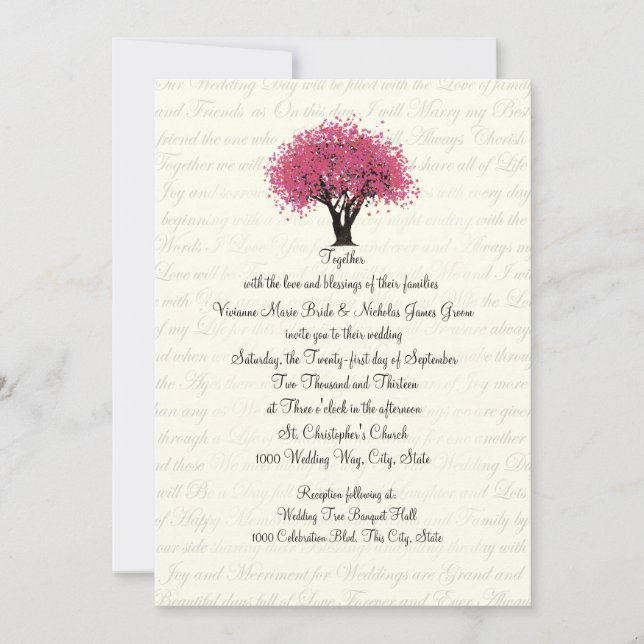 Tree and Text Design Wedding Pink Invitation (Front)