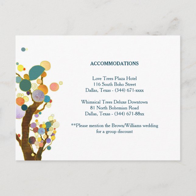Tree Art Teal Wedding Accommodation Enclosure Postcard (Front)