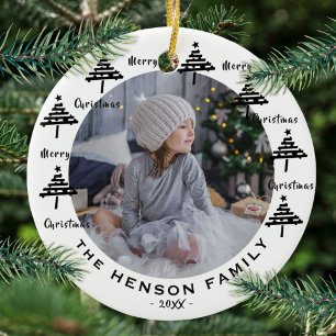 Tree Black & White Merry Family Photo Ceramic Ornament