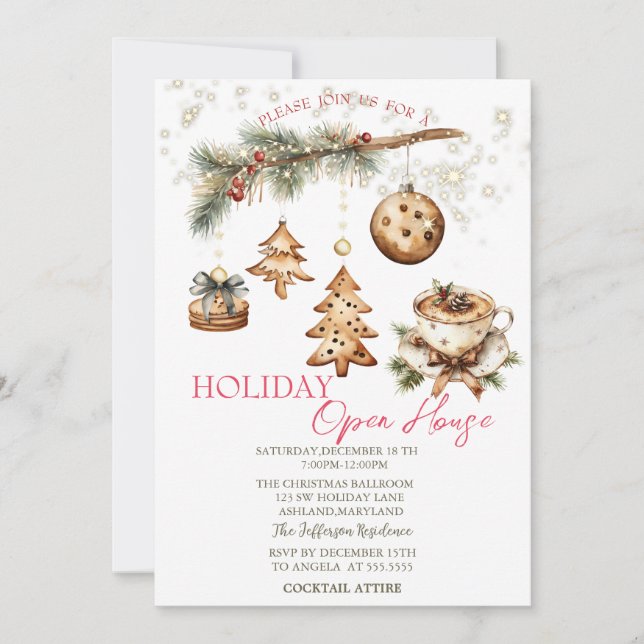 Tree Branch,Ornaments,Coffee,Stars Open House  Invitation (Front)