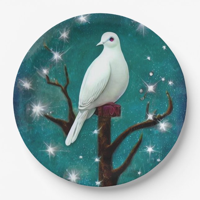 Tree Branch White Peace Dove Paper Plate (Front)