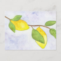 Tree Branch with Lemons and Leaves in Watercolor