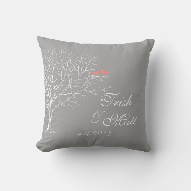 Tree Branched Grey Coral Birds Wedding Pillow (Front)