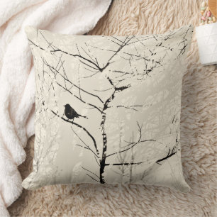 Tree Branches and Mocking Bird Taupe Cream Black Cushion