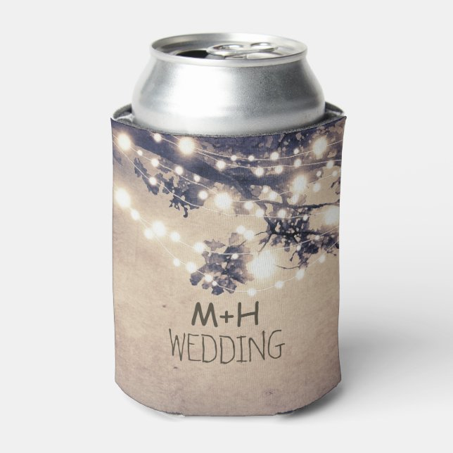 Tree Branches and String Lights Rustic Wedding Can Cooler (Can Front)