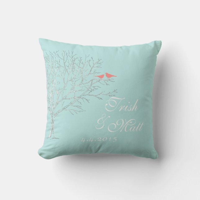 Tree Branches Aqua Coral Birds Wedding Pillow (Front)