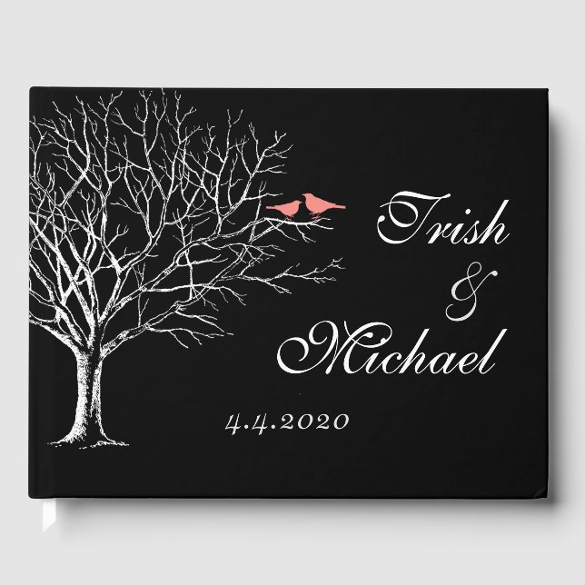 Tree Branches Black Coral Birds Wedding Guestbook (Front)