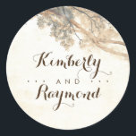 Tree Branches Rustic Wedding Classic Round Sticker<br><div class="desc">Rustic vintage wedding stickers with oak tree branches</div>