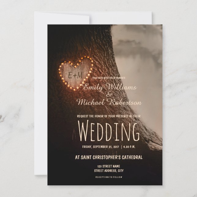 Tree Carved Heart Rustic and Vintage Wedding Invitation (Front)
