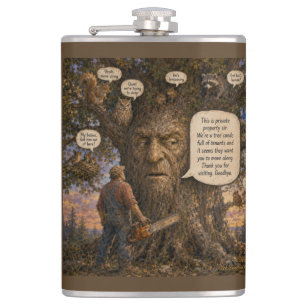 Tree Condo Tenants Cartoon – Nature Speaks Up! Hip Flask