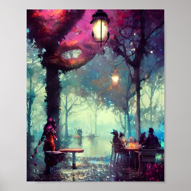 Tree covered cafe' watercolor art poster (Front)