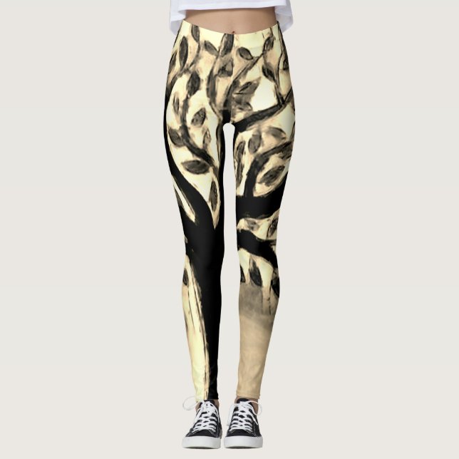 Tree faces yellow landscape watercolor  leggings (Front)
