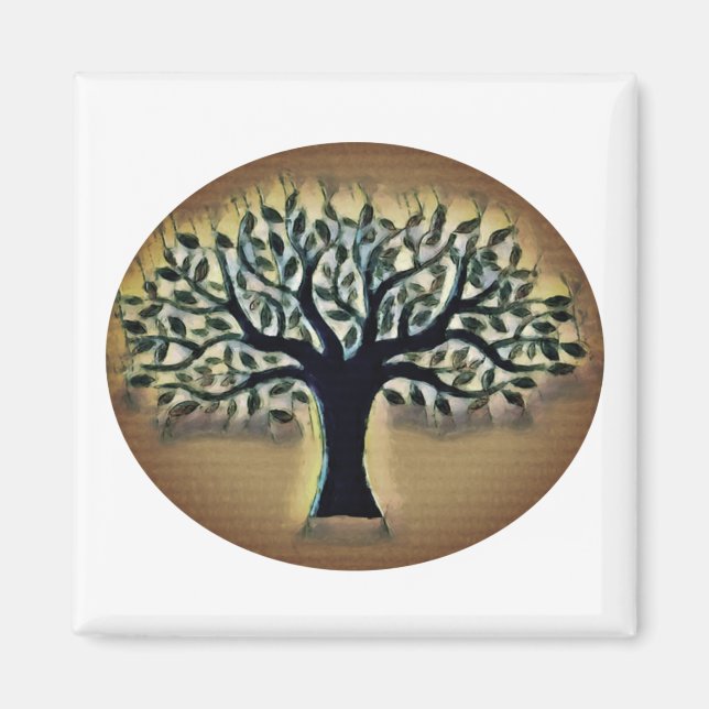 Tree faces yellow landscape watercolor magnet (Front)