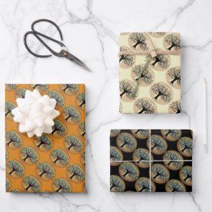 Tree faces yellow landscape watercolor  wrapping paper sheet