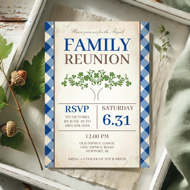 Tree Family Reunion Invitation (Blue gingham family reunion invitation with tree by VG Invites.)