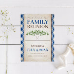 Tree Family Reunion Save The Date Invitation<br><div class="desc">This fun family reunion save the date invitation comes adorned with a blue picnic chequered tablecloth design with a green park tree. Your barbecue details are set in a bold sans font in blue and brown. The vintage paper design is carried over to the back of your family outing announcement....</div>