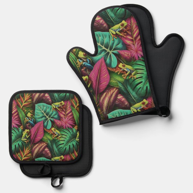 Tree Frog Dreams Seamless Surface Pattern Oven Mitt & Pot Holder Set (Front/Back)