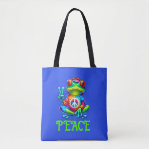 Tree Frog Peace Sign Tie Dye Tote Bag