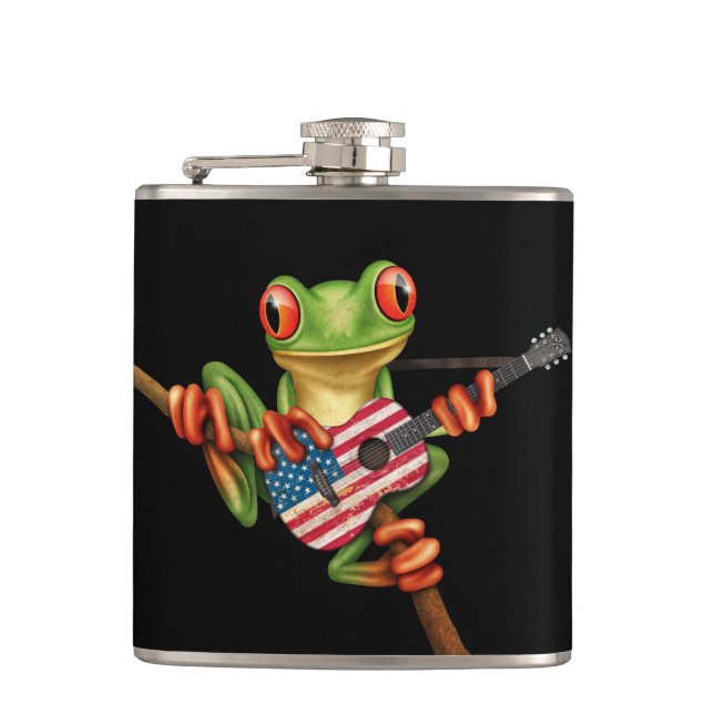 Tree Frog Playing American Flag Guitar Black Hip Flask (Front)