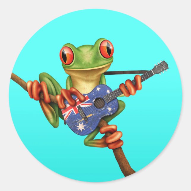 Tree Frog Playing Australian Flag Guitar Blue Classic Round Sticker (Front)