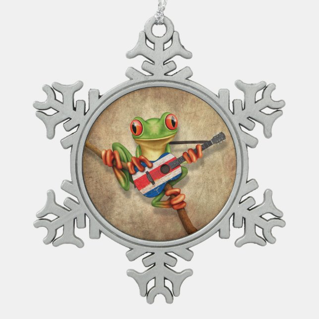 Tree Frog Playing Costa Rica Flag Guitar Snowflake Pewter Christmas Ornament (Front)