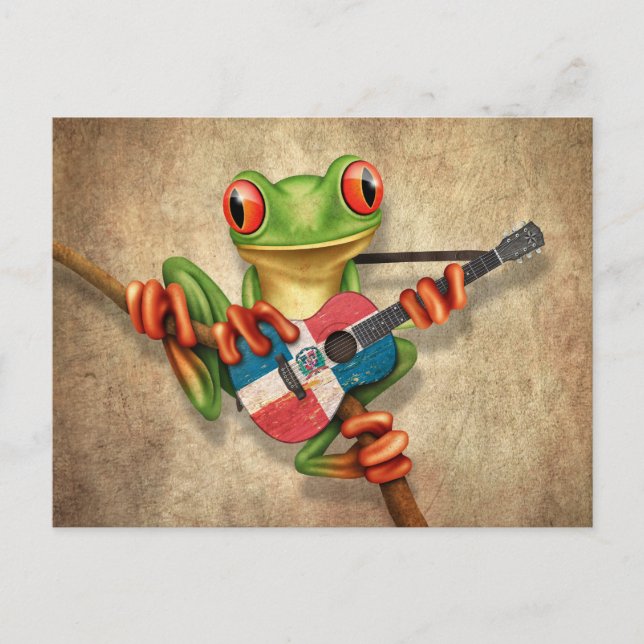 Tree Frog Playing Dominican Flag Guitar Postcard (Front)