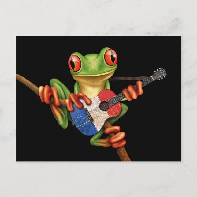 Tree Frog Playing French Flag Guitar Black Postcard (Front)