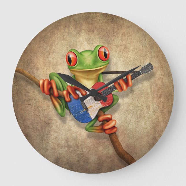 Tree Frog Playing French Flag Guitar Large Clock (Front)