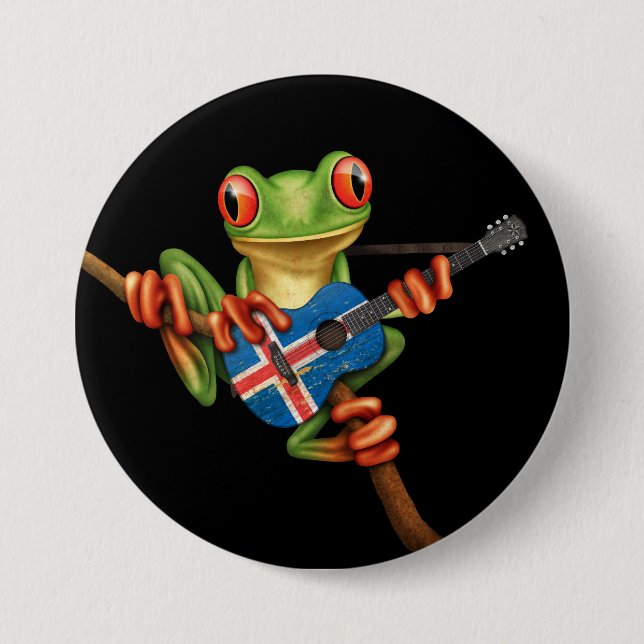 Tree Frog Playing Icelandic Flag Guitar Black 7.5 Cm Round Badge (Front)