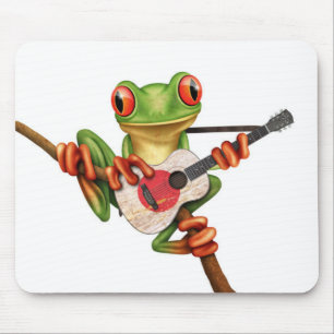 Tree Frog Playing Japanese Flag Guitar White Mouse Pad