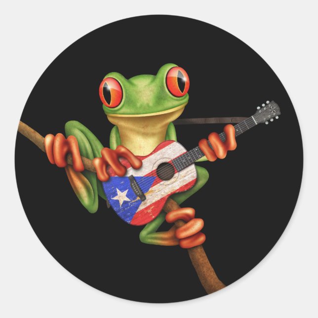 Tree Frog Playing Puerto Rico Flag Guitar Black Classic Round Sticker (Front)