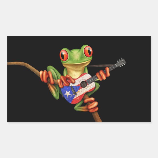 Tree Frog Playing Puerto Rico Flag Guitar Black Rectangular Sticker (Front)