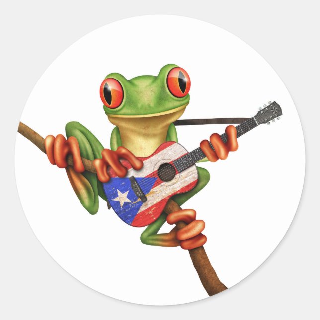 Tree Frog Playing Puerto Rico Flag Guitar White Classic Round Sticker (Front)