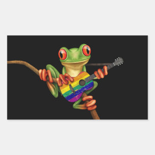 Tree Frog Playing Rainbow Flag Guitar Black Rectangular Sticker
