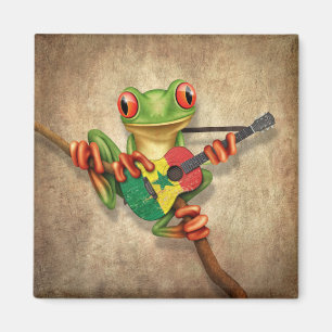 Tree Frog Playing Senegal Flag Guitar Magnet