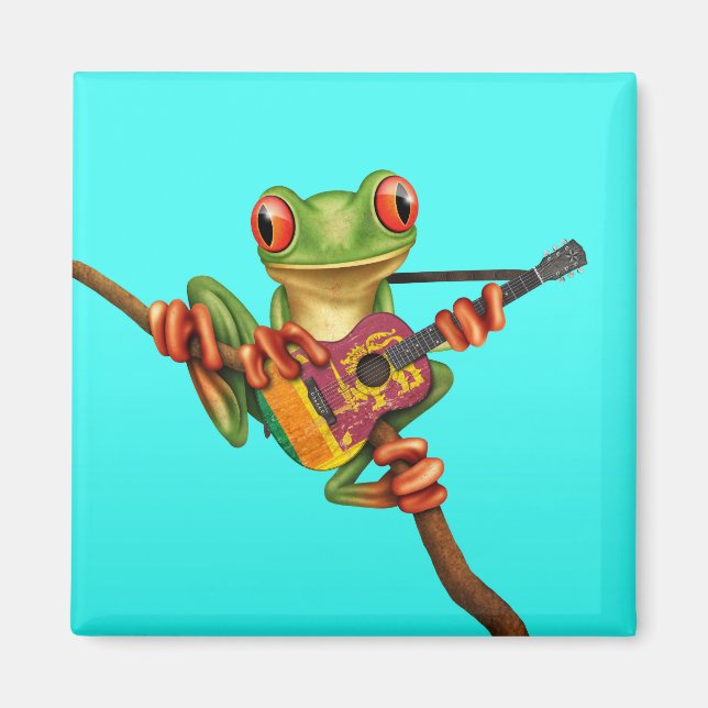 Tree Frog Playing Sri Lanka Flag Guitar Blue Magnet (Front)